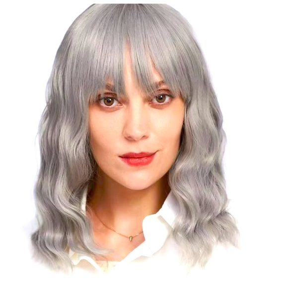 Gray curly haired wig with bangs